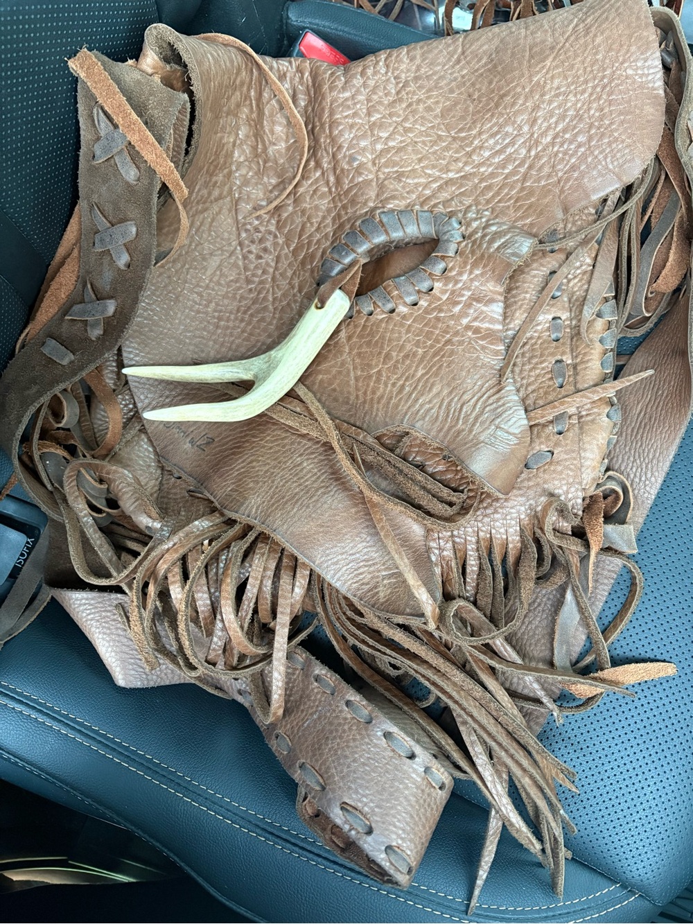Brown Fringe Leather Shoulder Bag with Antler Accent